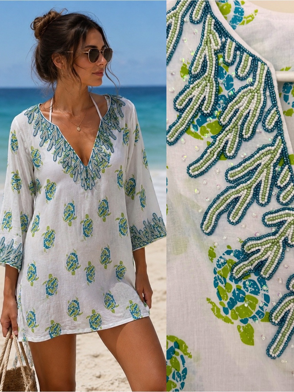 BARBARA GERWIT Beaded Cotton Turtle Beach Cover Up S